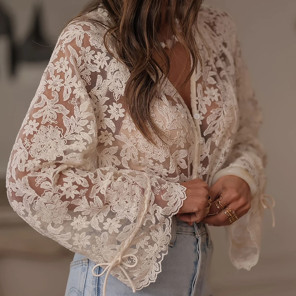 Women's Solid Color Long Sleeve V Neck Blouse with Lace Detail Hollow Out Pattern Loose Fit Top for Office or Party