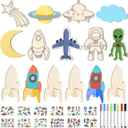 10pcs Creative Wooden Plane Alien Crafts DIY Painting Outer Space Planet For Kids Birthday Party Decoration DIY Gifts Supplies