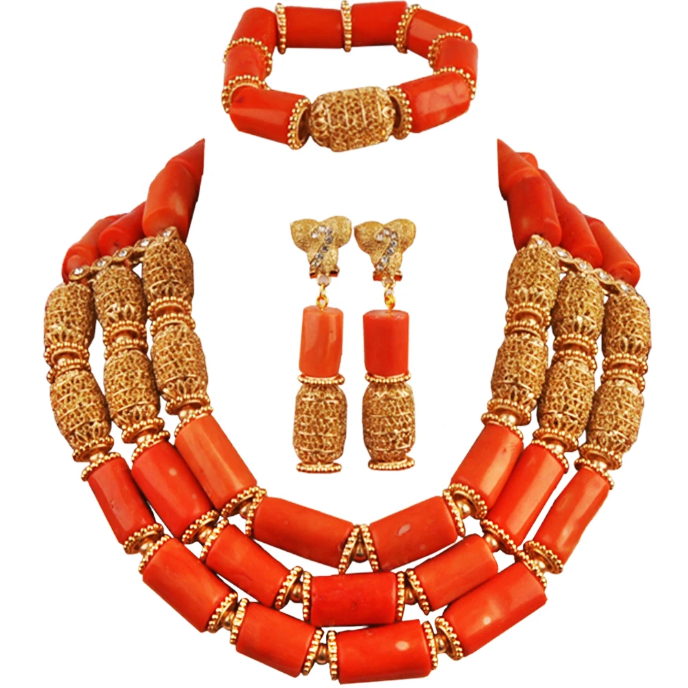 Nigerian Orange Coral Beads African Wedding Necklace Bridal Jewelry Sets