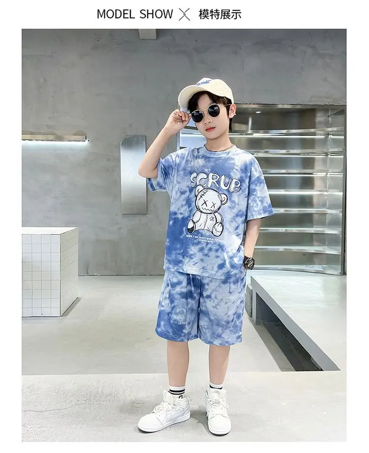 2024 summer Teenager Boys Clothes Casual Outfit Kids Tracksuit bear print Child t shirt + shorts hot pant  5 6 7 8 9 10 12 Year