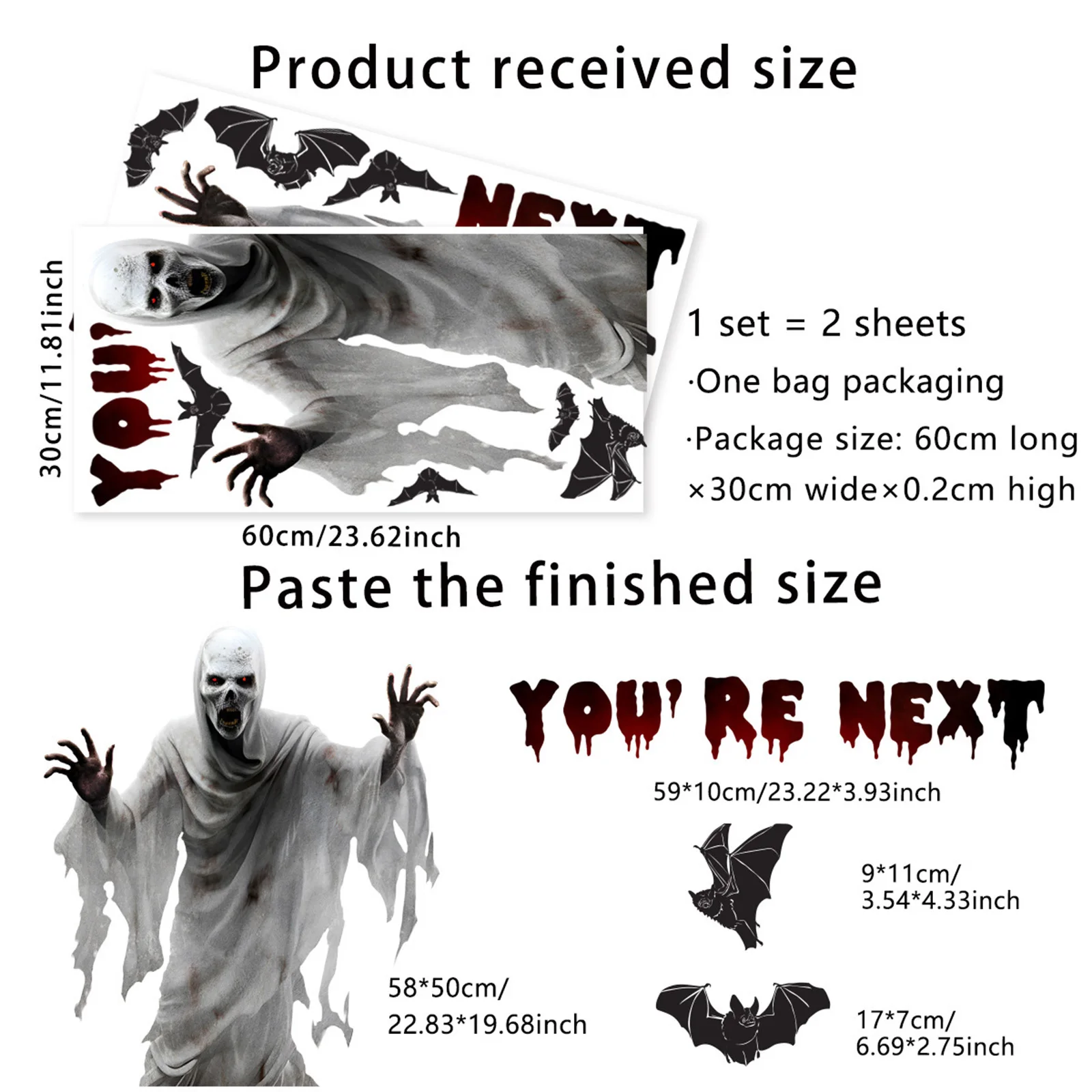 Halloween Stickers PVC Scary Skull Grim Reaper Wall Decals Waterproof Spooky Window Clings for Party Home Decor Durable
