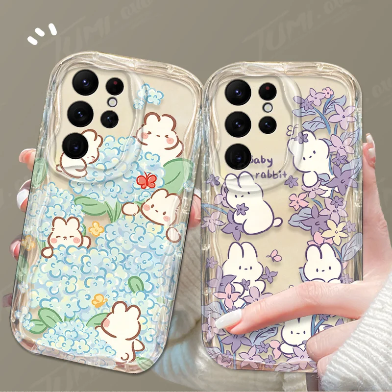 Cartoon Rabbit Flower Phone Case For Samsung Galaxy S24 Ultra S23 S22 Plus S21 S20 FE A25 A55 A35 5g Shockproof Silicone Cover