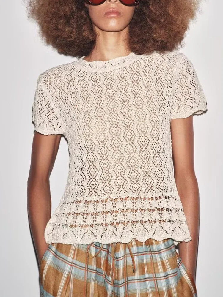 

Новое поступление осени в европейском и американском стиле 2025 года, женский вязаный топ с короткими рукавами и круглым вырезом из полой сетки