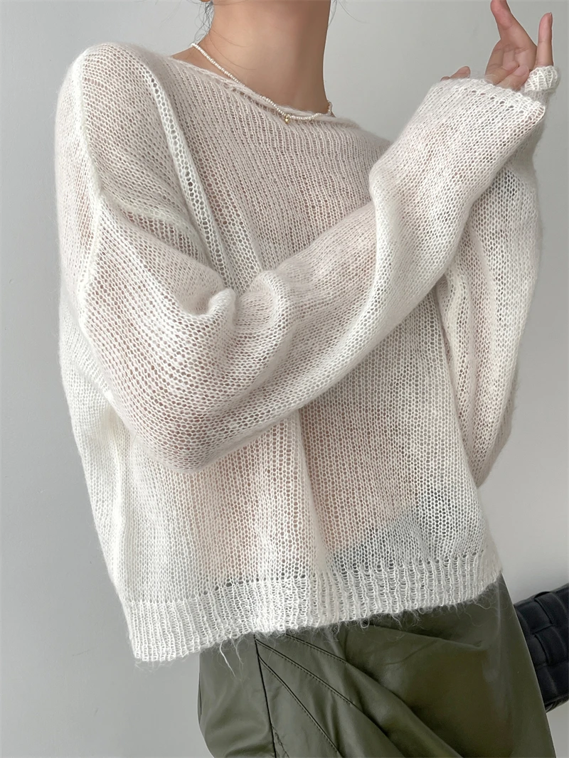 [ZAYAU] High Proportion Gentle Mohair Knitted Spring and Autumn New Straight Neck Sweater Loose Blouse Thin Short Top