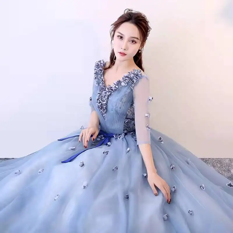 Host Performance Costume Art Test Annual Meeting Stage Long Elegant Maxi Party Dresses Blue Women Plus Size Puffy Evening Dress