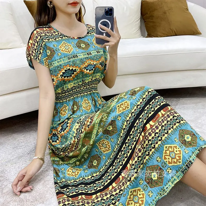 

Bohemian Prints Vintage Long Dresses Summer Short Sleeve Maxi Dress Women's Clothing Elastic Waist Beach Dress Korean