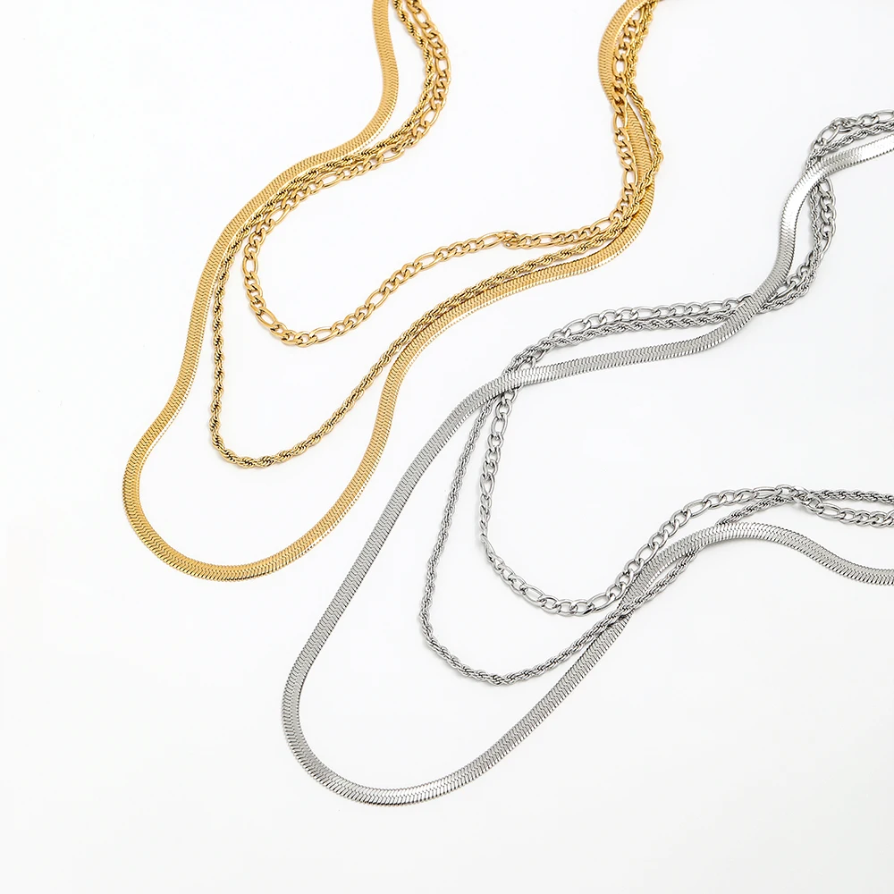 

Joolim Jewelry Wholesale Waterproof Fashion Simle Three Layers Hip Hop Long Choker Chain Stainless Steel Necklace for Women