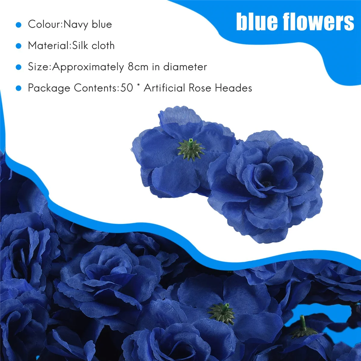 Flores artificiales de seda, cabezas de rosas, 50 piezas, para sombrero, ropa, álbum, decoración de boda, azul oscuro