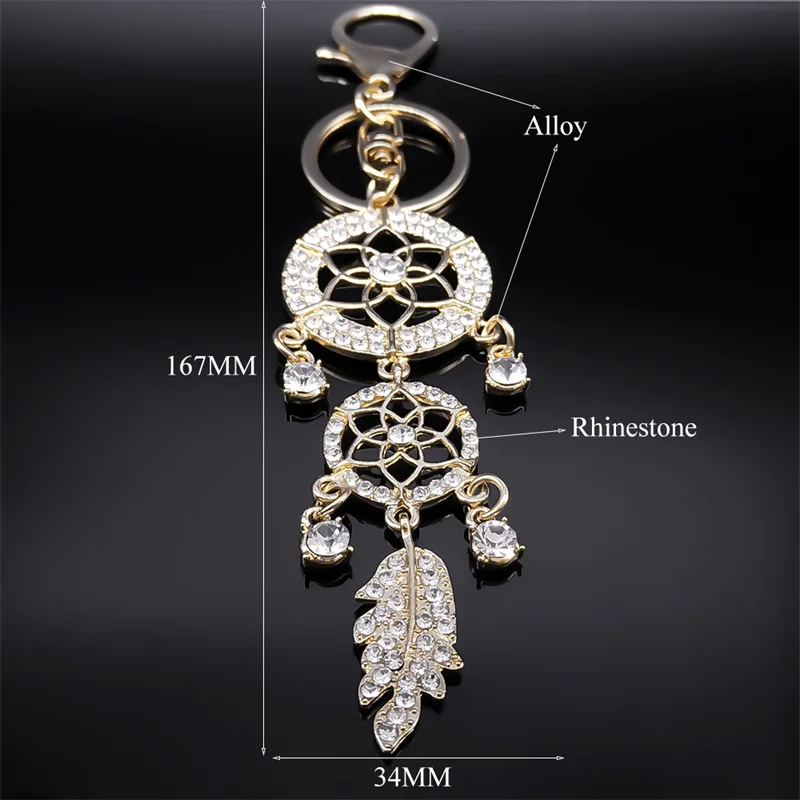 Fashion Sparkling Crystal Dreamcatcher Feather Tassel Key Chain Alloy Rhinestone Dream Catcher Key Ring Car Bag Accessory Jewelr