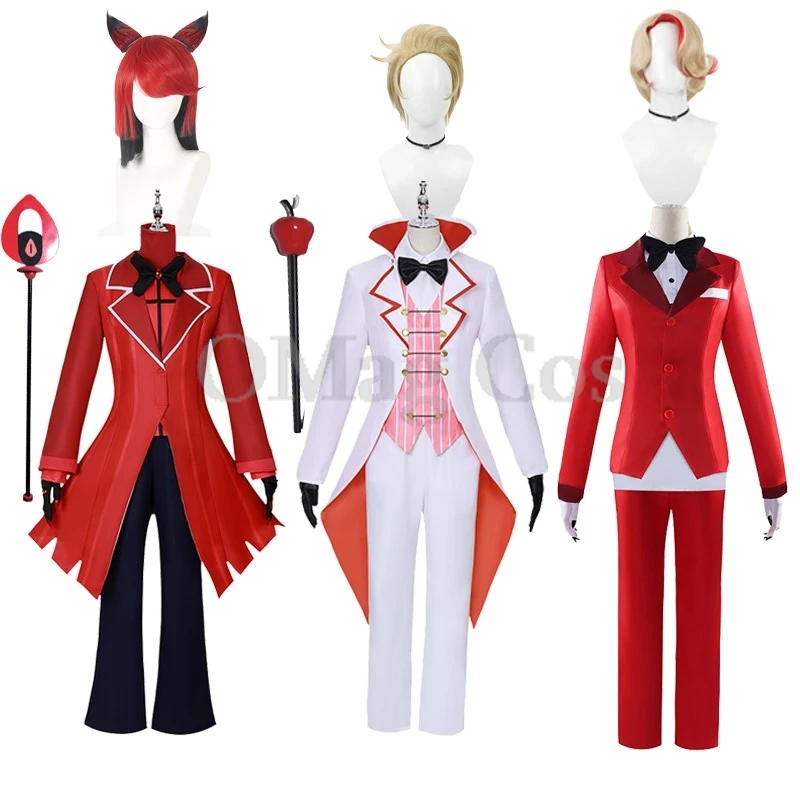 Hazbin Alastor Lucifer Charlie Morningstar Vox Cosplay Costume Wig Hat Suit Halloween Anime Cosplay Party Demon Outfit Prop Cane