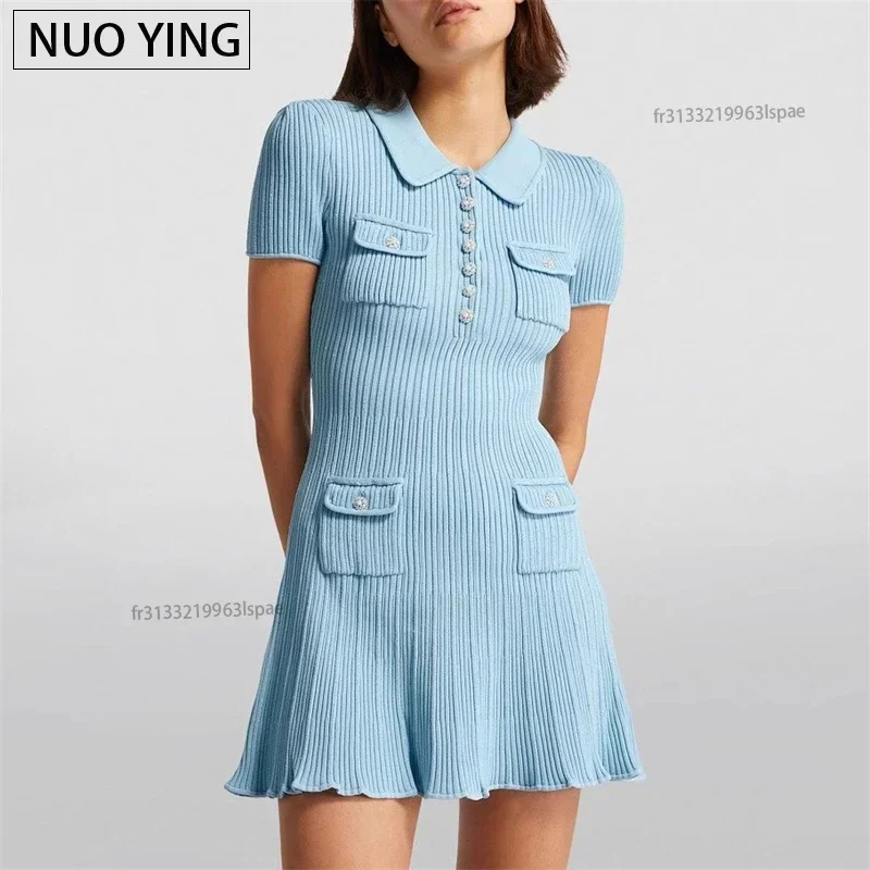 2024 Spring/Summer New Polo Neck Short Sleeve Knitted Dress Y2K Fashion Commuter Elastic Slim Fit Multi Pocket Wrapped Hip Skirt