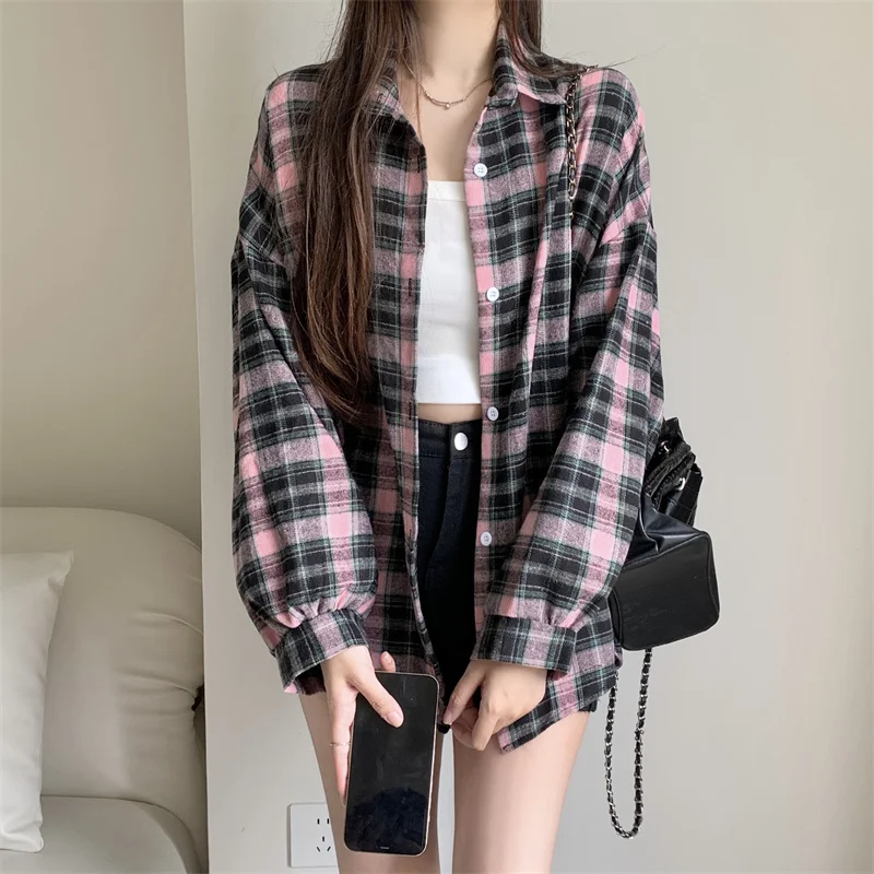 Women Tartan Shirt Long Sleeve Collared Button Up Oversized Plaid Shirt Flannel Jacket Grunge Teenage Girl Spring Summer Outfit