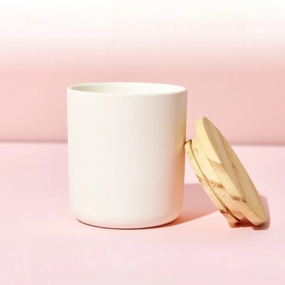 Portavelas vacío de vidrio blanco mate con tapa de madera, recipiente de vidrio para relleno de cera, sin pegatina sobre vidrio, 300ml