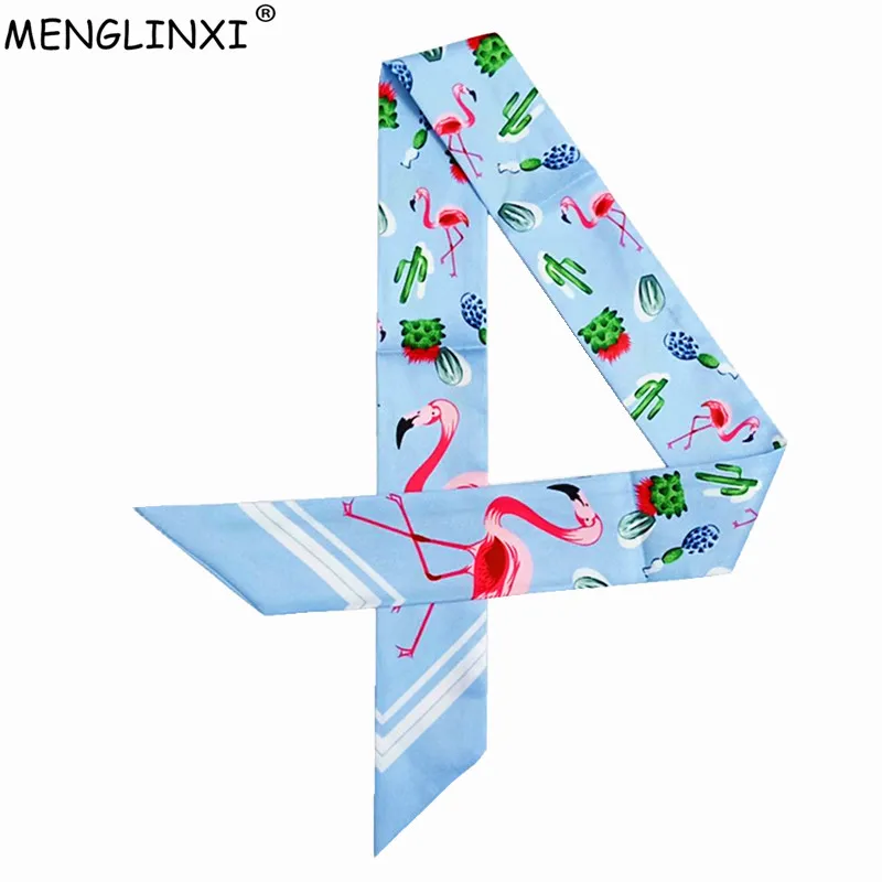 2024 New Flamingo Cactus Print Skinny Scarf Luxury Brand Silk Scarf Women Foulard Bag Ribbons Fashion Small Long Head Scarves