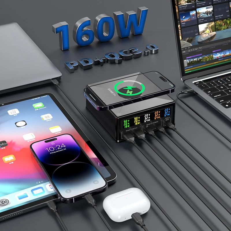 160W 5 Port Charging Station with 15W Wireless Charger Separate Display USB-C PD65W QC3.0 Fast Charger For iPhone Laptop Macbook