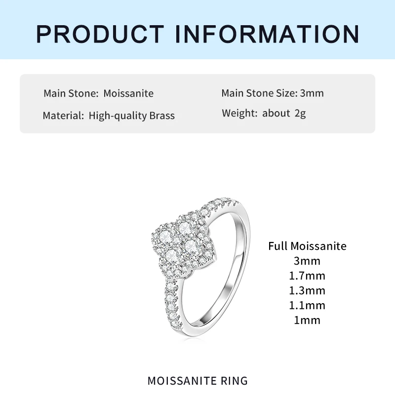 IOGOU D-Farbiger Moissanit Vierblumen-Ehering für Damen, GRA-Zertifizierter Labor-Imitationsdiamant Kleeblatt-Ring, Schmuckgeschenke – Detail 3