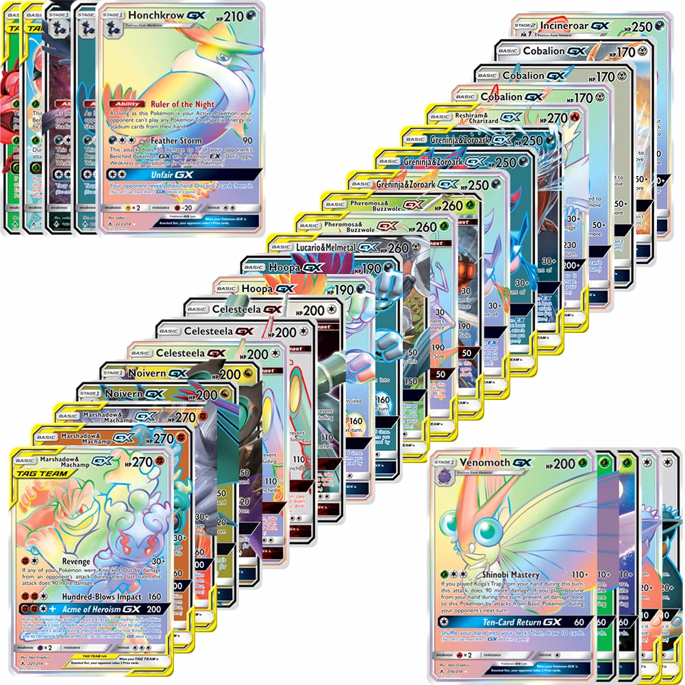 60pcs English Pokemon Cards Tag Team EX GX MEGA VMAX V VSTA Pikachu Evolutions Flash Card Game Carte Trading Collection Cards