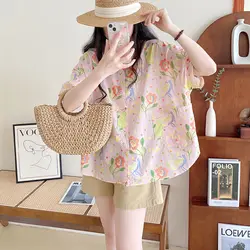 2024 Doll Collar Shirt Coat Thin Style Extravasation Summer Harajuku Wind Side Pockets Loose Flower Printing Comfortable Tops