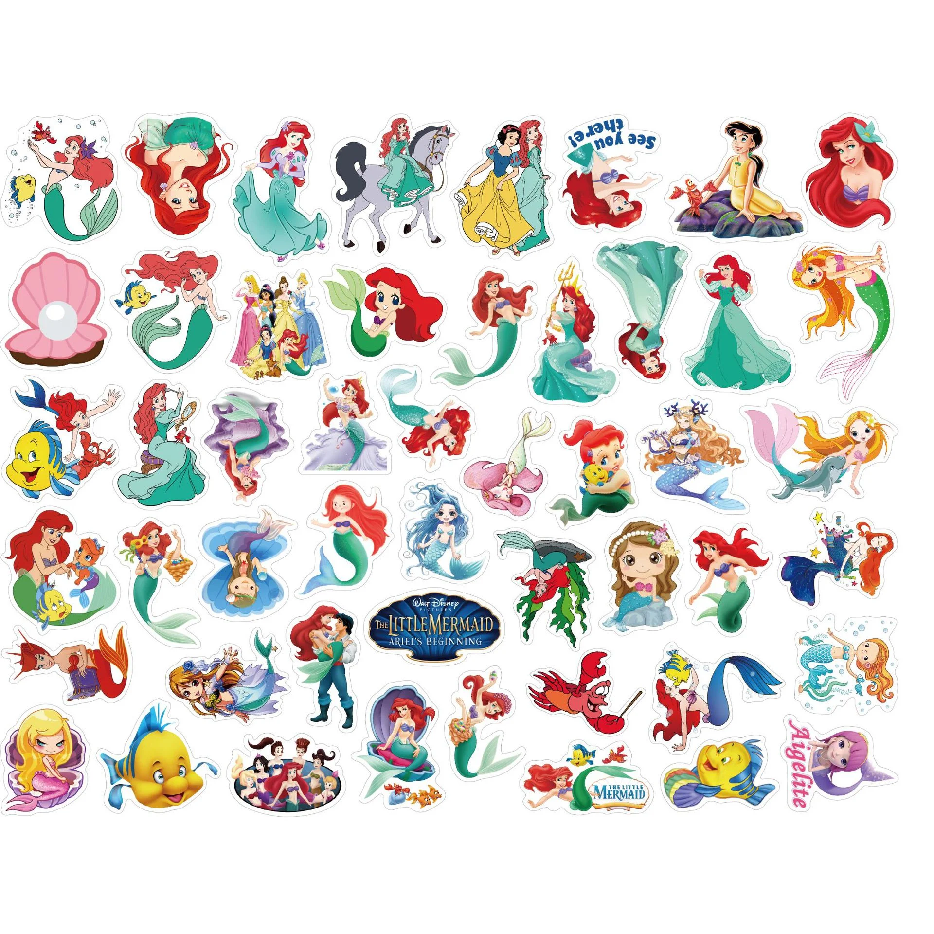 Autocollants série sirène Disney, 50 pièces, Graffiti de dessin animé, adaptés aux albums, ordinateurs portables, téléphones portables, jouets, cadeaux