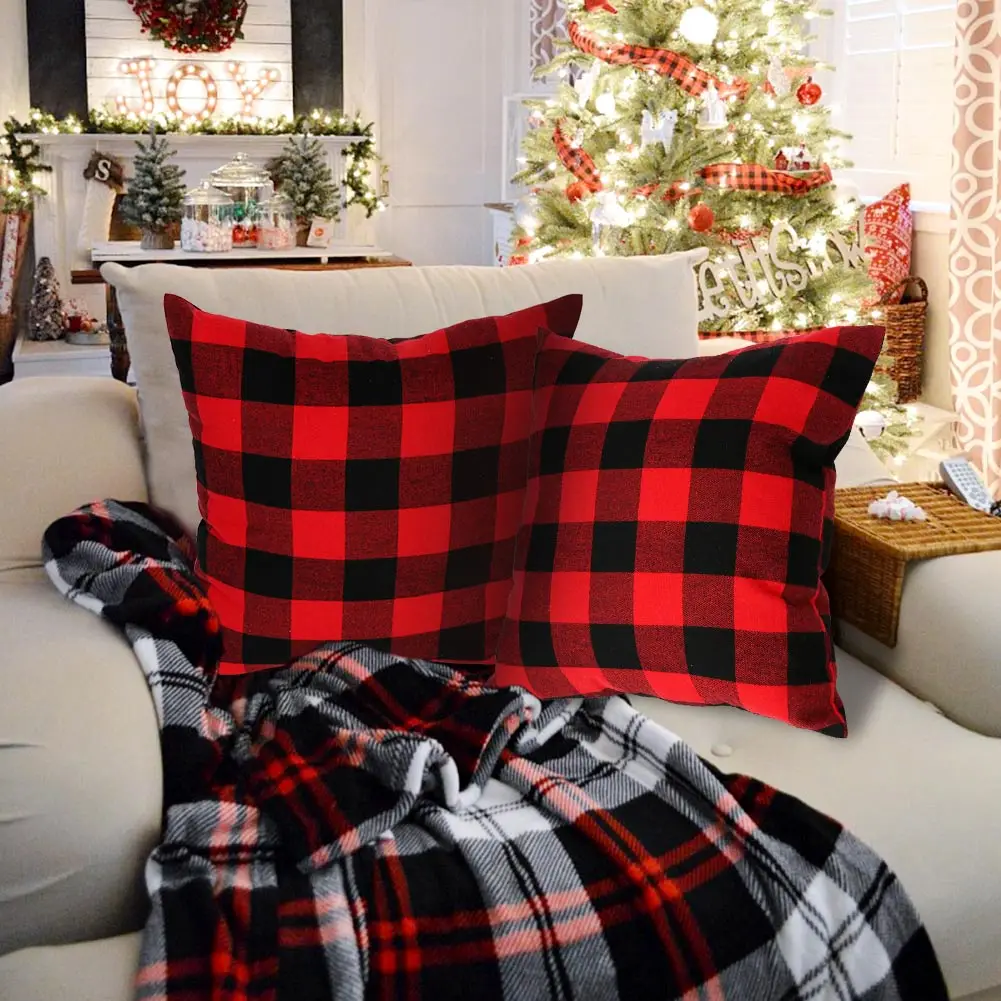 OurWarm cushion cover Red Black Buffalo Plaid Pillow Covers Cotton Linen Cushion Case  Xmas Farmhouse Sofa Home Decorat