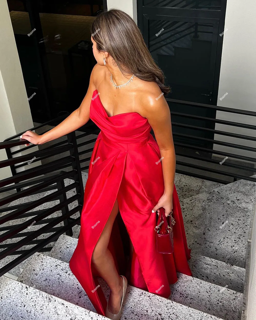 Booma Red A-Line Prom Gowns Sweetheart Sleeveless Pleat Evening Dress with Train High Leg Slit Long Formal Party Gowns for Women