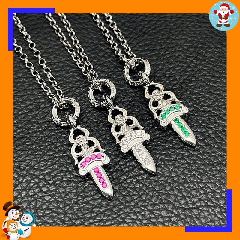 Premium White Gold Diamond Sword Necklace Men's and Women's Hip Hop Diamond Dagger Pendant Classic Accessories