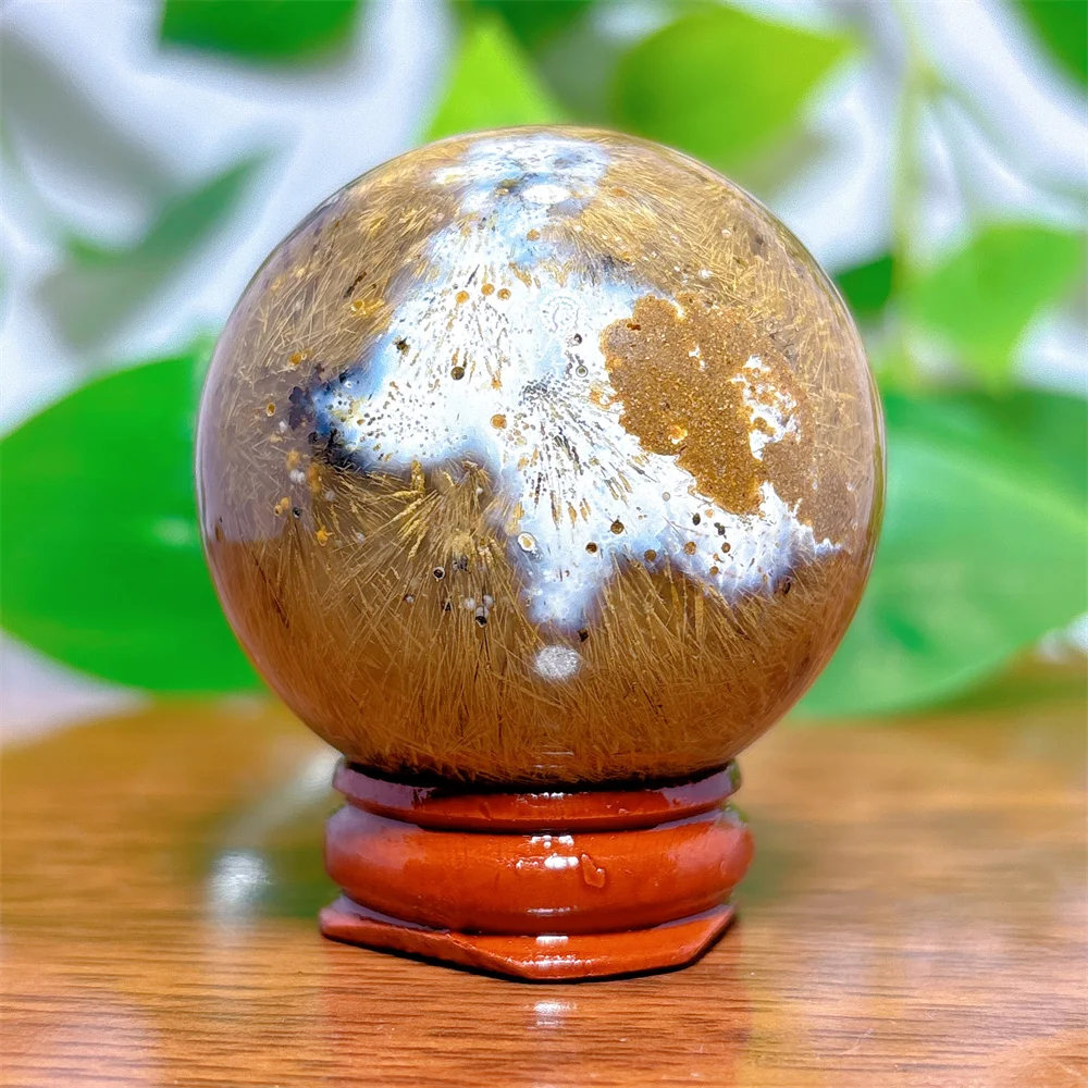 Rutile Agate Sphere Crystal Natural Stone Quartz Home Decoration Minerals Reiki Craft Gifts Energy Healing Spiritual +Stand