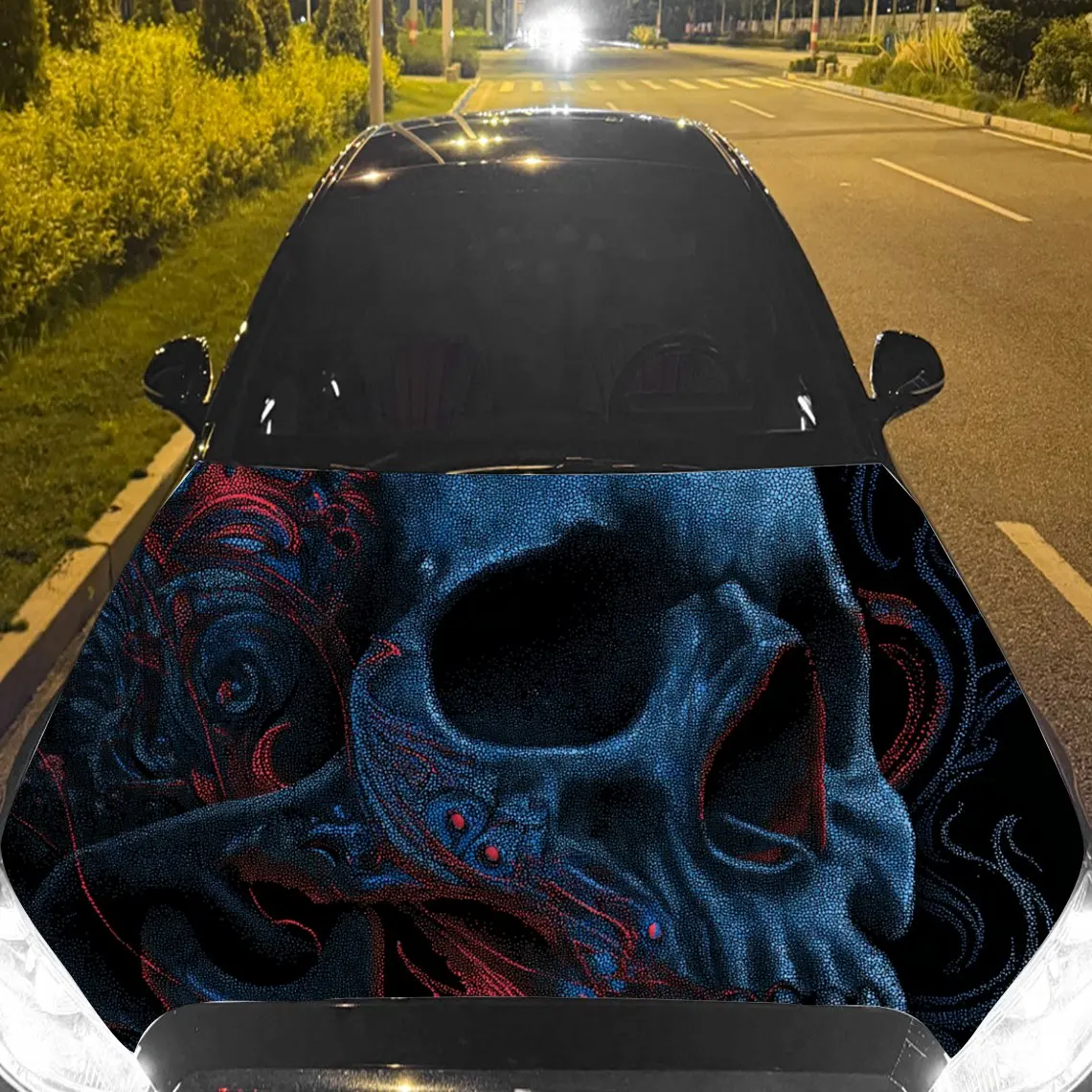 

Car Decal Skull with Intricate Red & Blue Patterns - Edgy Dark Fantasy Aesthetic Car Hood Sticker, Waterproof Self - Adhesive PV