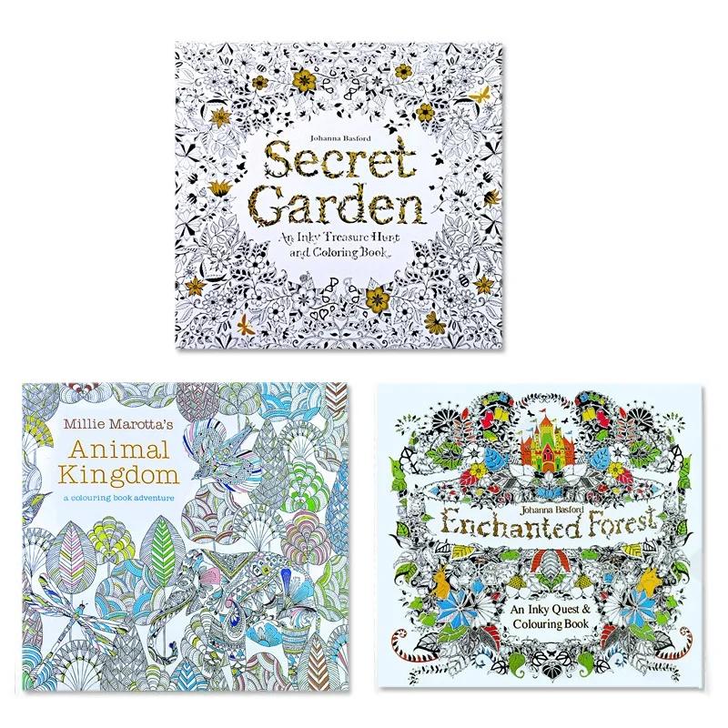 Juego de 3 Libros para Colorear: Jardín Secreto + Bosque Encantado + Reino Animal, Libros de Dibujo y Colorear para Niños, Edición en Inglés