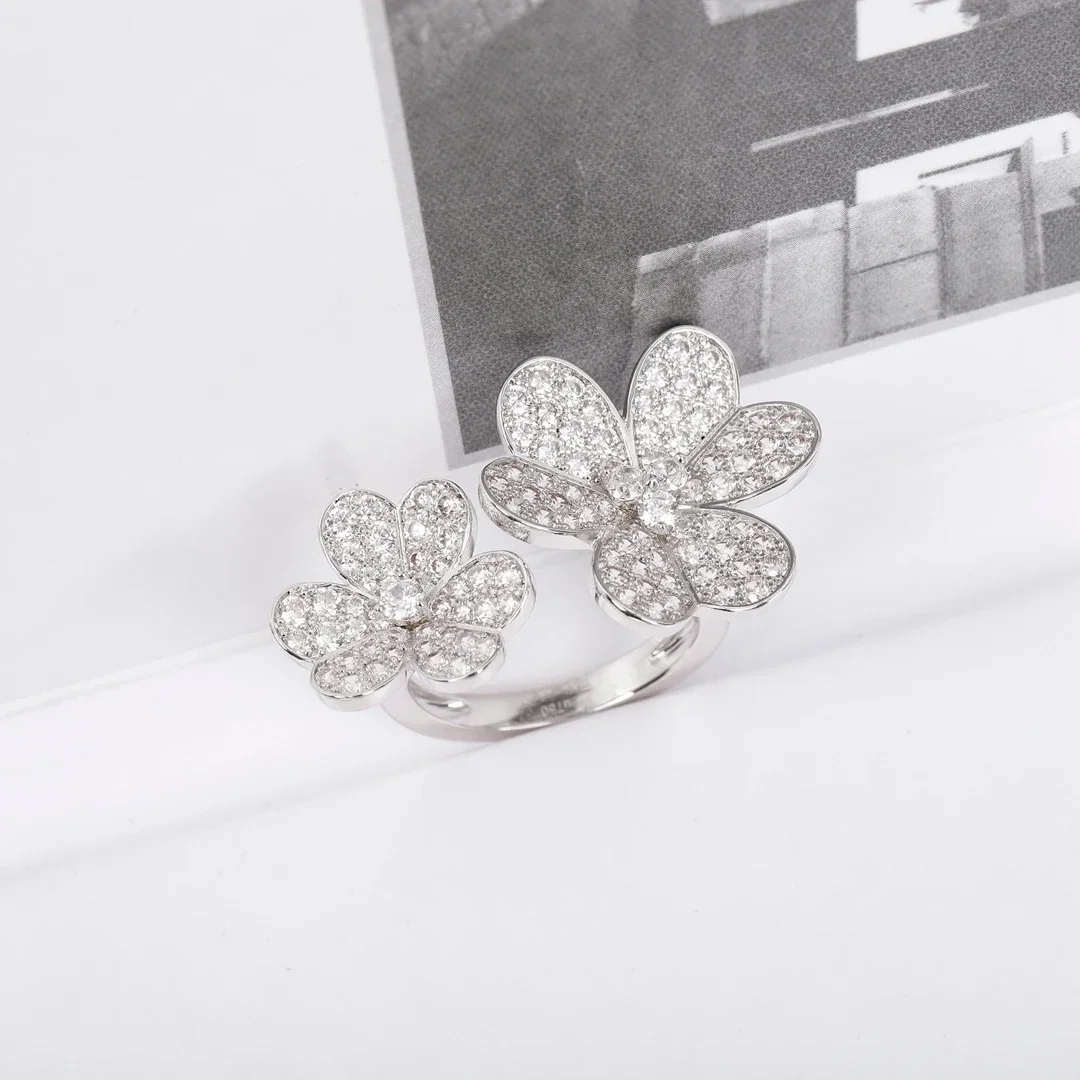 Top Quality Rose Gold Silver Clover Flower Open Ring Woman Fine Luxury Jewelry Trend