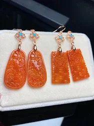 Women's Handcarved Hollow Red Jade Earrings Natural Myanmar Sterling Silver 925 Eardrop Jewelry