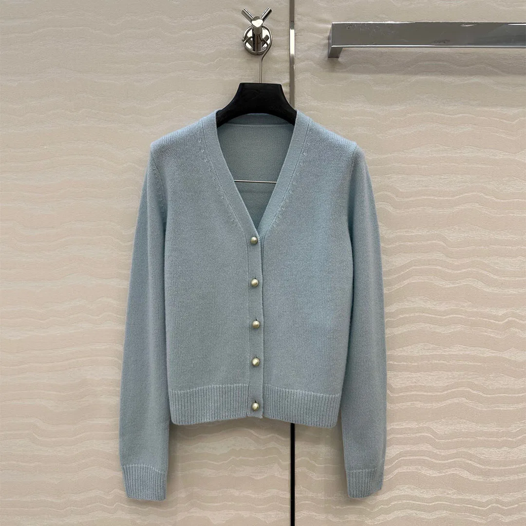 

Women's V-neck Long Pocket Pearl Button Sweet Casual Sweater High Quality Cashmere Light Blue Knitted Cardigan