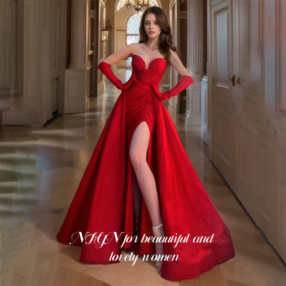 

NFYN Red Long Stain Prom Dresses A Line Strapless Women Night Dresses Pleat Evening Gown with High Split Customized فستان سهرة ن