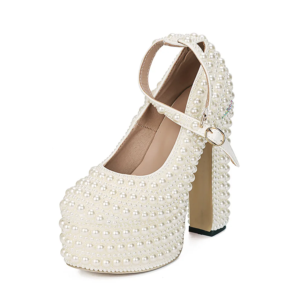 

Модные женские туфли на высоком каблуке на блочном каблуке для свадьбы, элегантные туфли на одинарной подошве с жемчугом, туфли для девочек на толстой подошве
