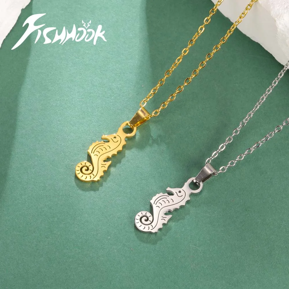 Fishhook Sea horse Necklace Hippocampus Ocean Sea Fish Gift For Woman Men Kid Child Pendant Stainless Steel Chain Jewelry