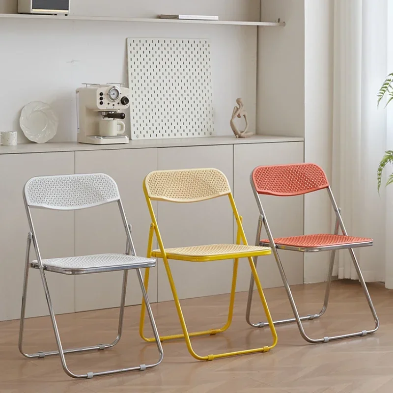 Rattan Folding Chair Home Backrest Living Room Chair Simple Balcony Influencer Photo Stool Casual Retro Transparent Seat