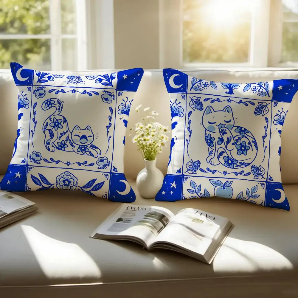 Blue And White Porcelain Cat Cushion Cover Sofa Cushion Cover Personalized Gift Living Room Home Decor Pillow