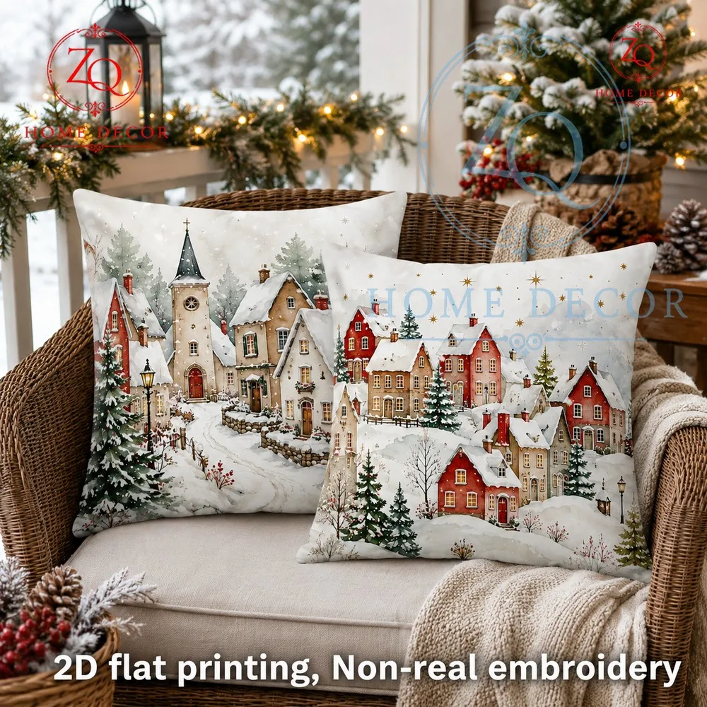 Christmas snow scene town pillowcase retro wercolor style bedroom headboard pillowcase festive home furnishing item