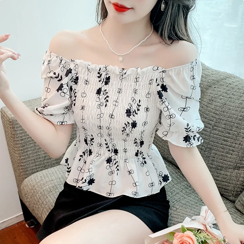 Women Puff Sleeve Tops Sexy 2024 Korean Fashion Off Shoulder Casual Blusas Mujer Elegant Printed Slim Chiffon Blouse Corset Top