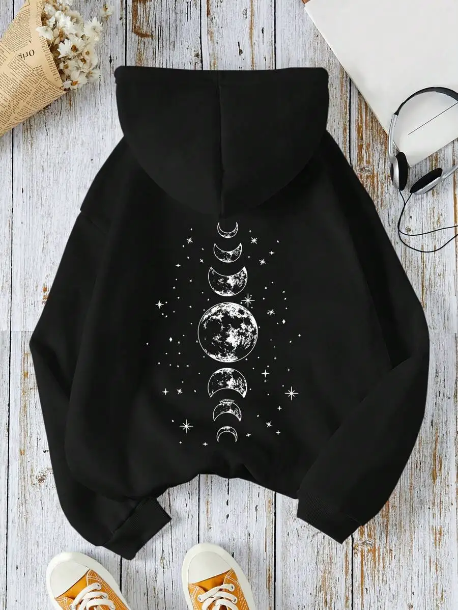 Women's Simple Moon Printed Hooded Drawstring Sweatshirt Pink And Black,Autumn,Casual,School Pullover Fall GraduationKeep Warm Against The Cold
