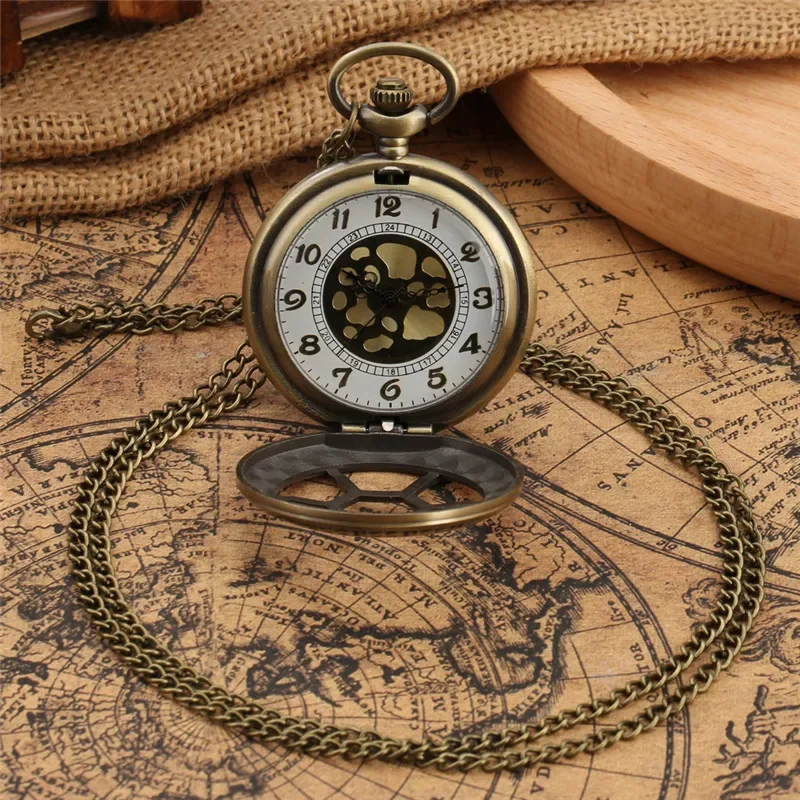 Antique Pocket Watch Half Hunter Retro Hollow Hexagon Grilles Men Women Quartz Analog Clock Sweater Chain Relogio De Bolso