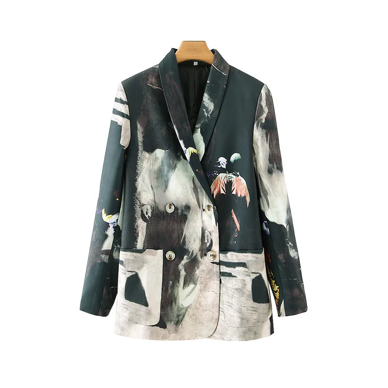 

Spring Fashion Tie Dye Print Patchwork Blazer Women Vintage Mid-Length Pocket Outerwear Double Breasted Suit Jacket Femme T061