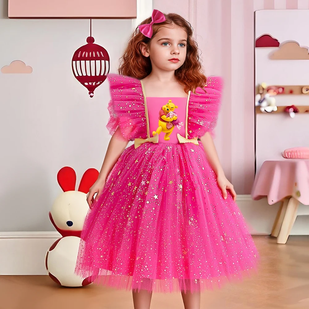 

Winnie Girl Fall Party Dress Christmas Birthday School Holiday High Waist Tulle Dress Bow Wedding Gown Kids Wear Princess Dress