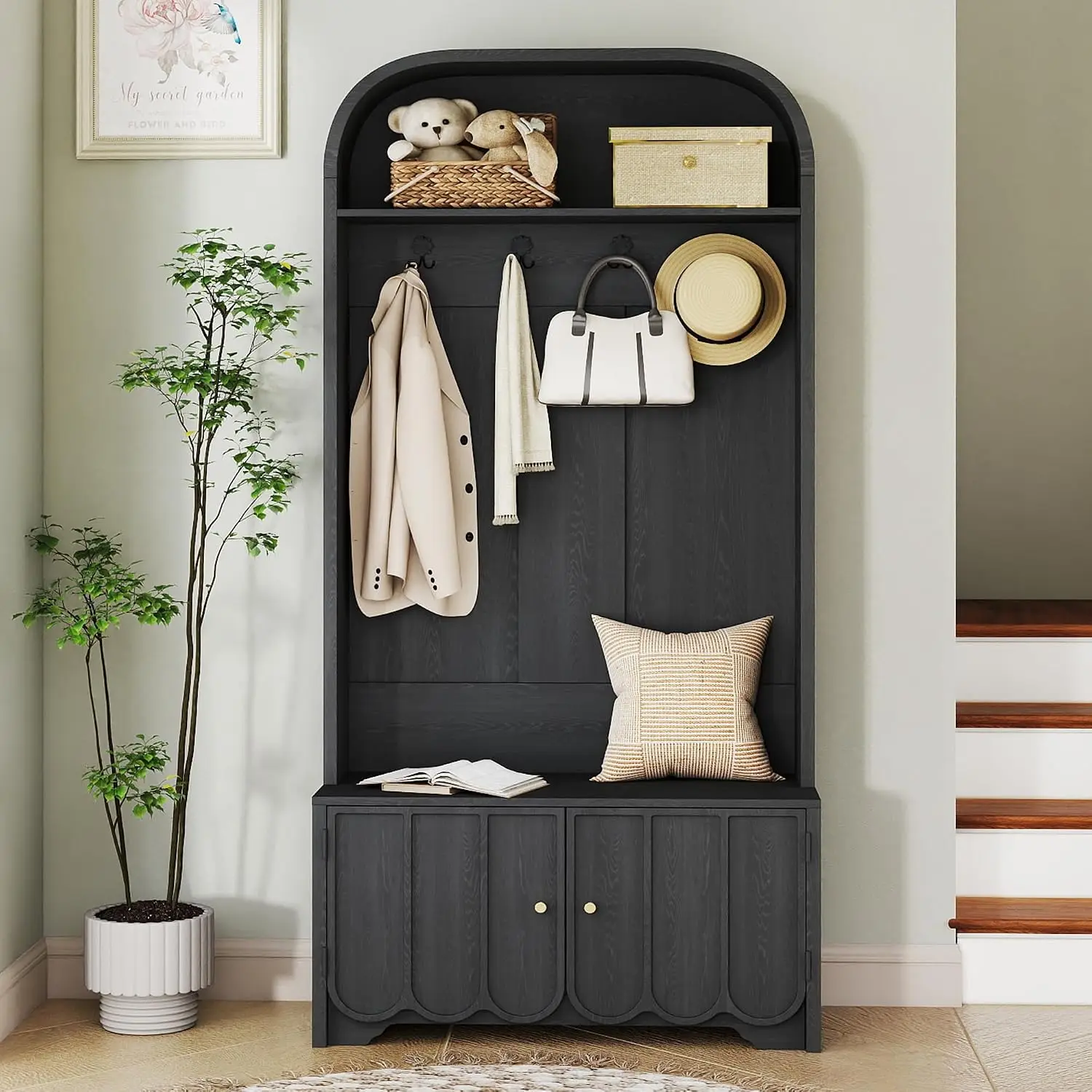 Black arched narrow hall tree entryway bench coat rack shoe cabinet fluted