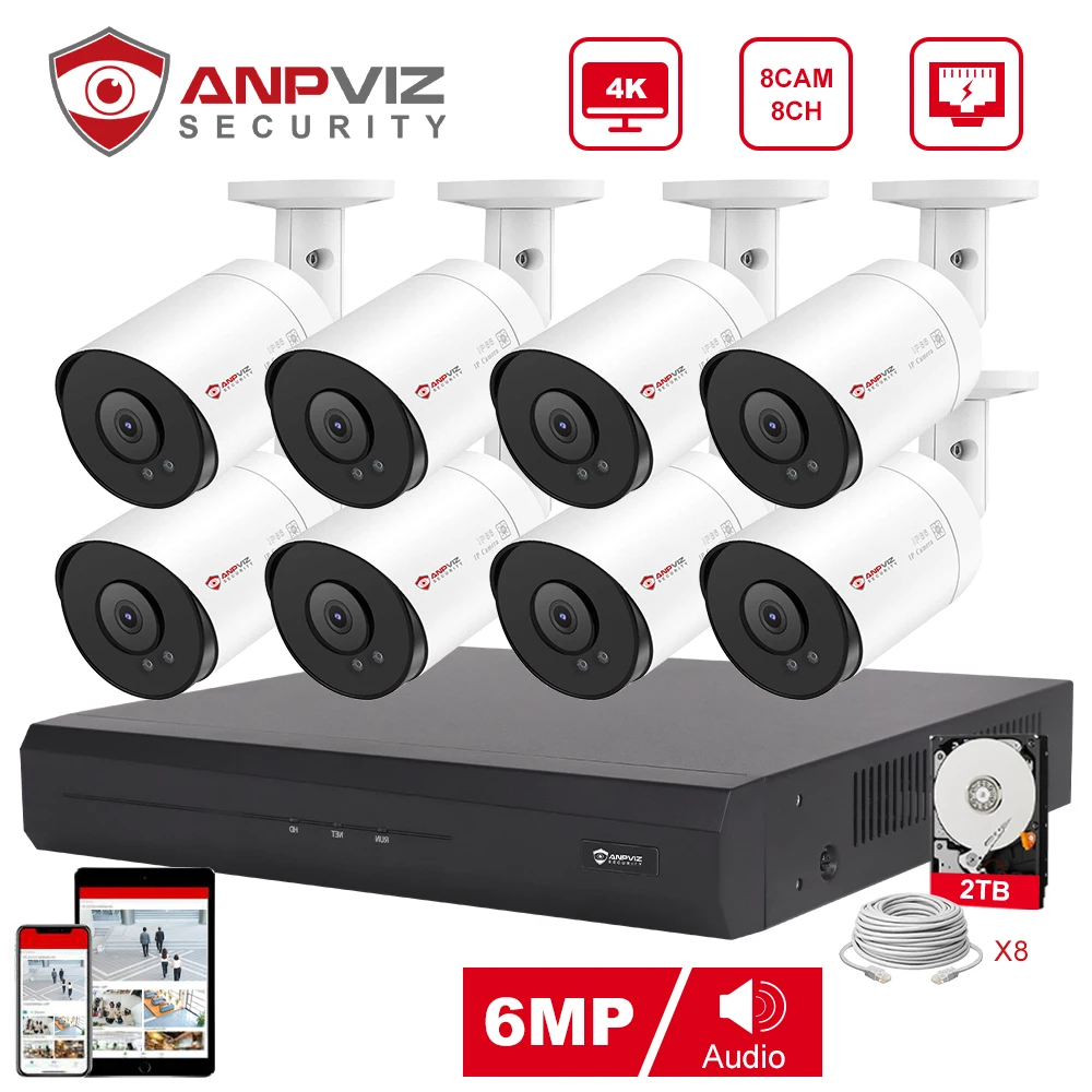 

Anpviz NVR 8CH NVR 6MP POE IP Camera System Outdoor CCTV Video Security Surveillance Kit IP66 IR 30m Humanoid vehicle Detection