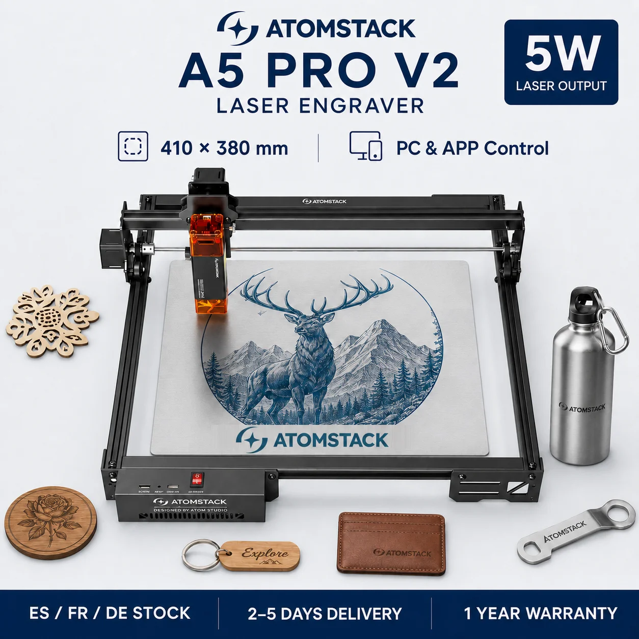 ATOMSTACK A5 PRO V2, máquina de grabado y corte láser de 5 W, área de trabajo de 410 x 380 mm, precisión de 0,01 mm, máquina CNC con asistencia de aire, software LightBurn y LaserGRBL, conexión USB, ideal para madera, acrílico, cuero y proyectos de bricolaje en el hogar.