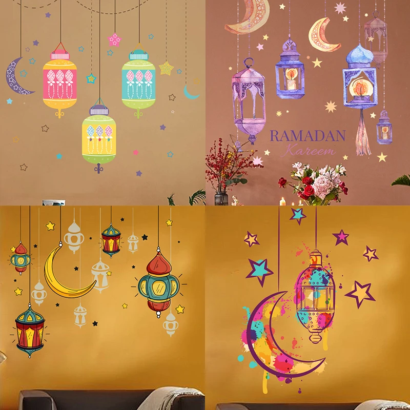 NEW Ramadan Kareem Wall Stickers Colorful Lantern Moon Star Wall Decal Ramadan Decoration 2024 Eid Mubarak Muslim Party Decor