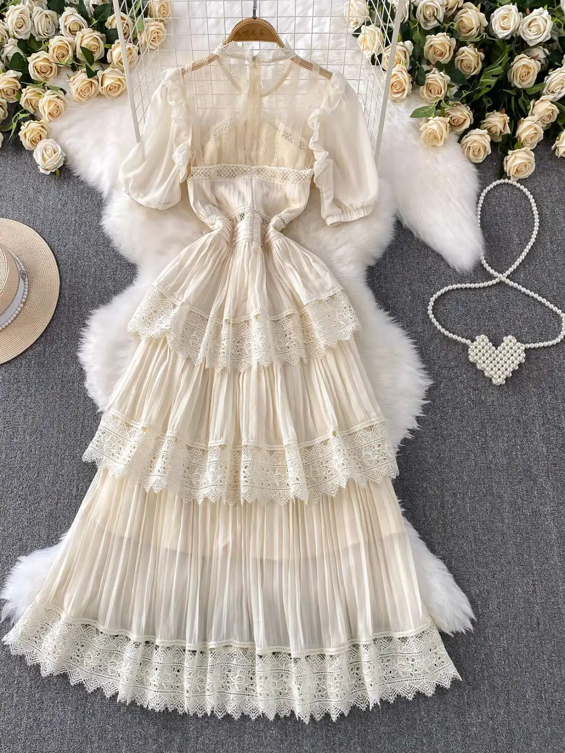 Elegant Hollow Out เค้กยาวชุดชีฟองผู้หญิงฤดูร้อนแขนสั้นถักโครเชต์ Midi หญิงพรหมชุดราตรี Vestidos