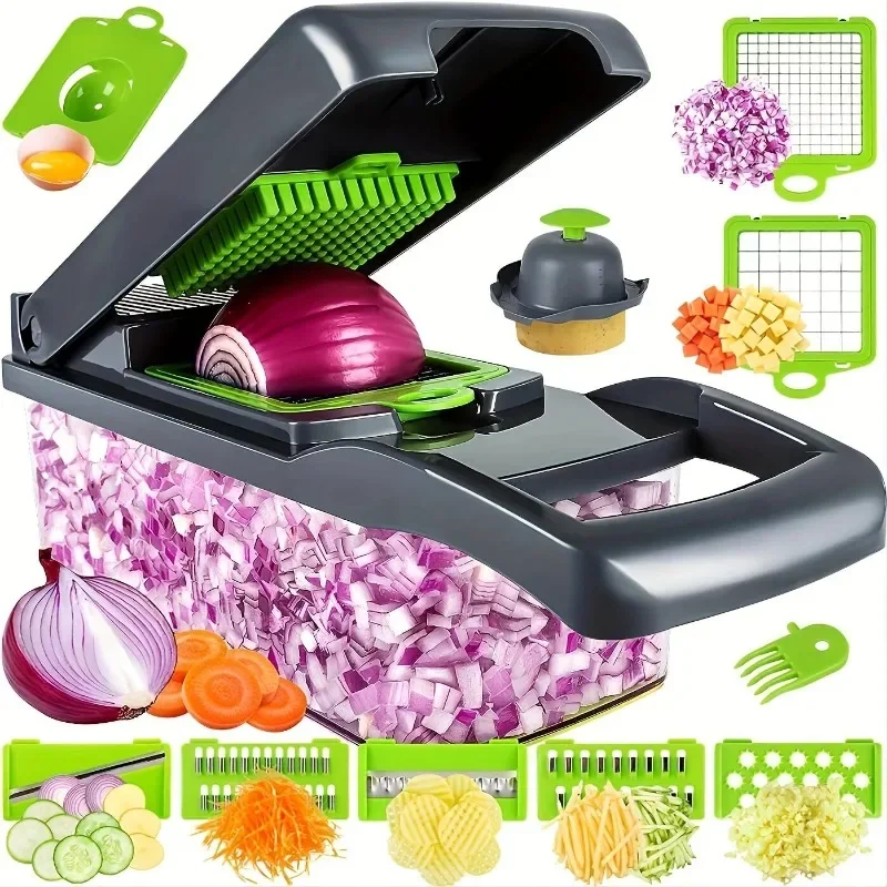 1pc Kitchen Vegetable Chopper, 13-in-1 Food Cutter With 8 Stainless Steel Blades And Container - Ideal For Slicing Onions,Garlic