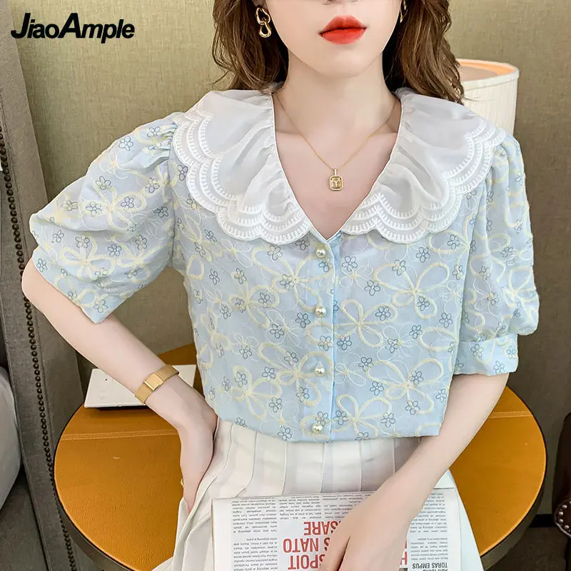 Korean Summer Graceful Sweet Shirts 2024 New Women Elegant Peter Pan Collar Lace Pearl Button Blouse Lady Fashion Cute Blue Tops